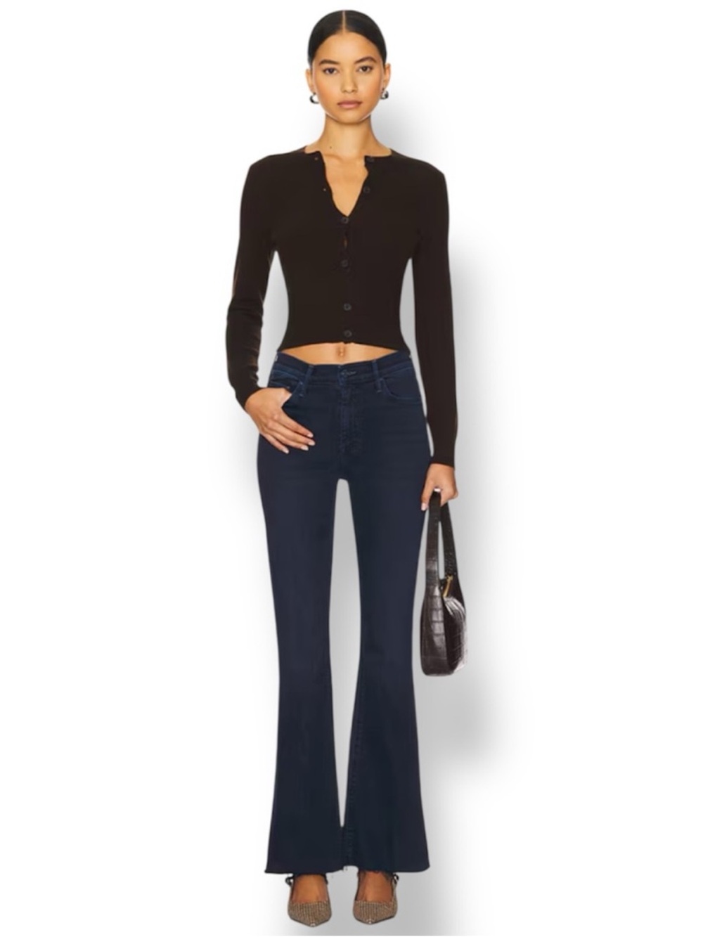 MOTHER The Weekender Fray in Chip On My Shoulder Dark Wash MidRise Flare Jean 28